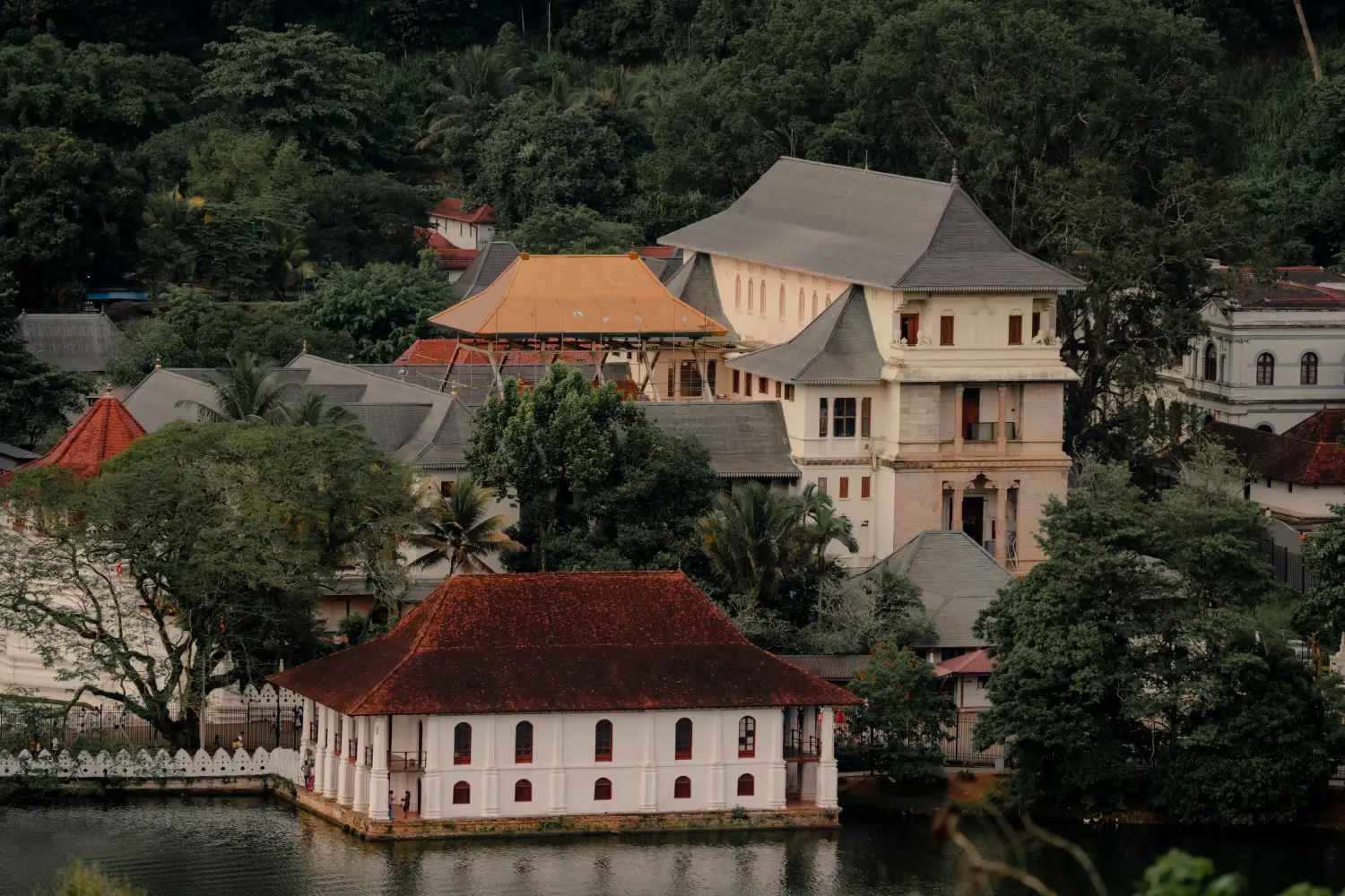 elevated view of the temple of the sacred tooth relic in kandy.