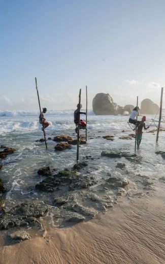 sri lankan stilt fishermen fishing in the ocean at sunset. sri lankan stilt fishermen fishing in the ocean at sunset.